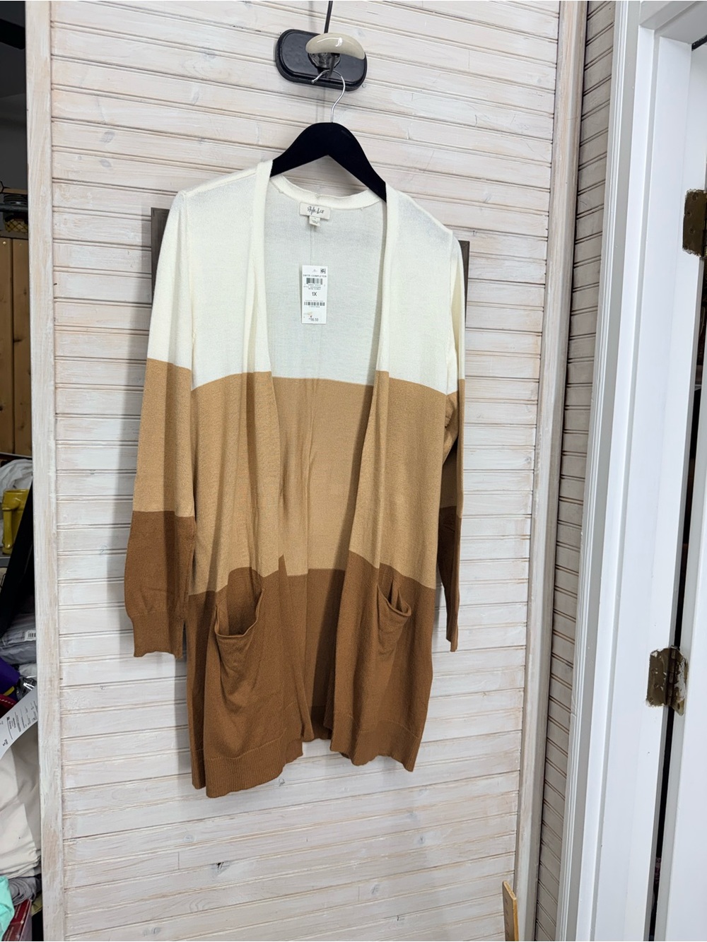 Style & Co. Colorblock Open-Front Cardigan in Cream, Tan & Brown
